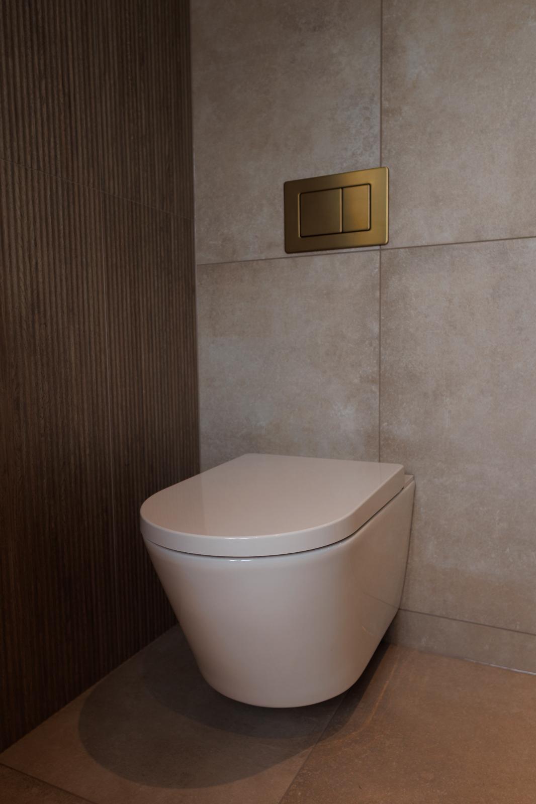 Wall-mounted toilet with brass flush plate
